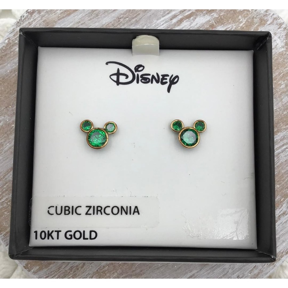 Disney Mickey Mouse 10KT Gold September Birthstone Green Cubic Zirconia Earrings